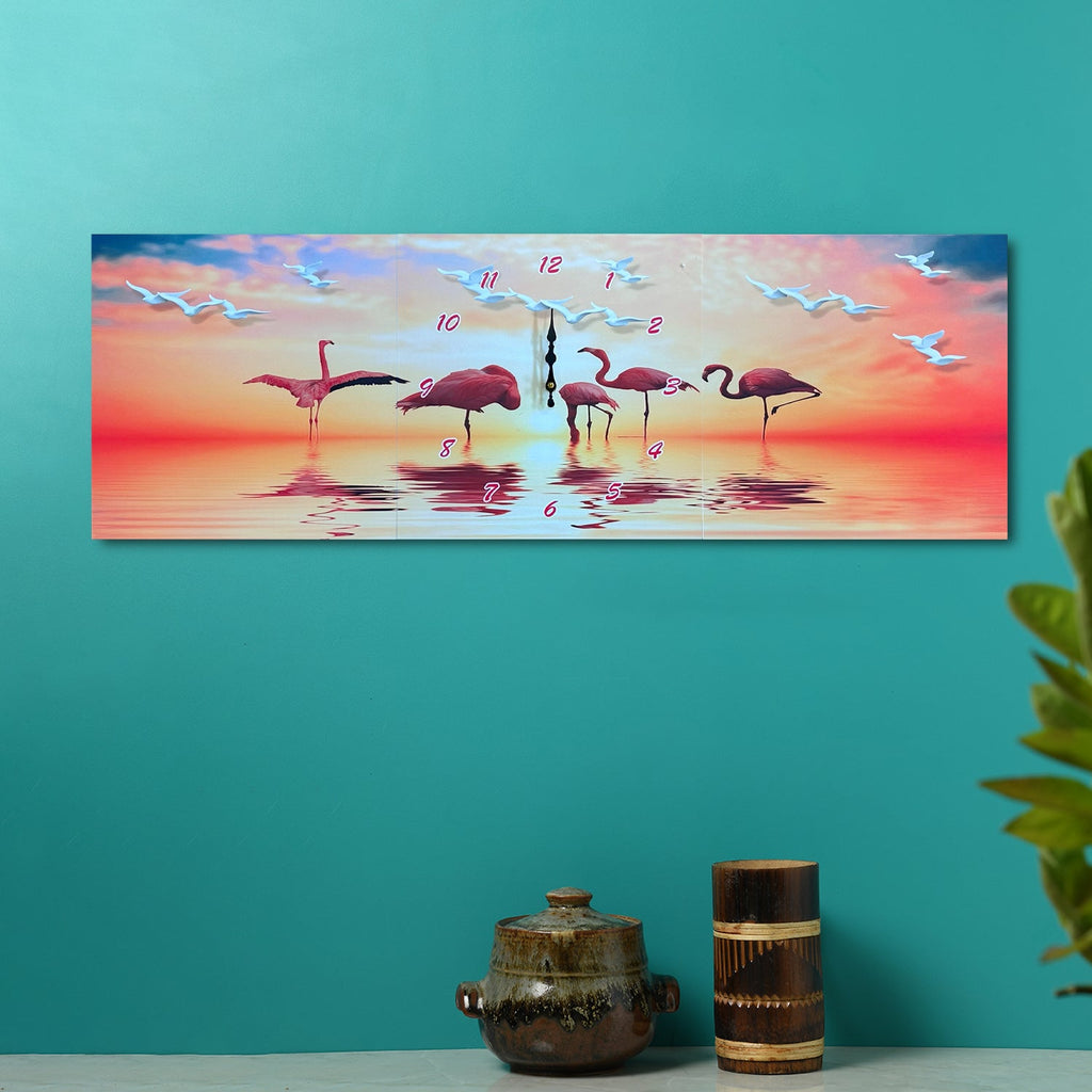 Charming 3-Panel Flamingo Wall Clock Art, Modern Animal Painting Decor Timepiece
