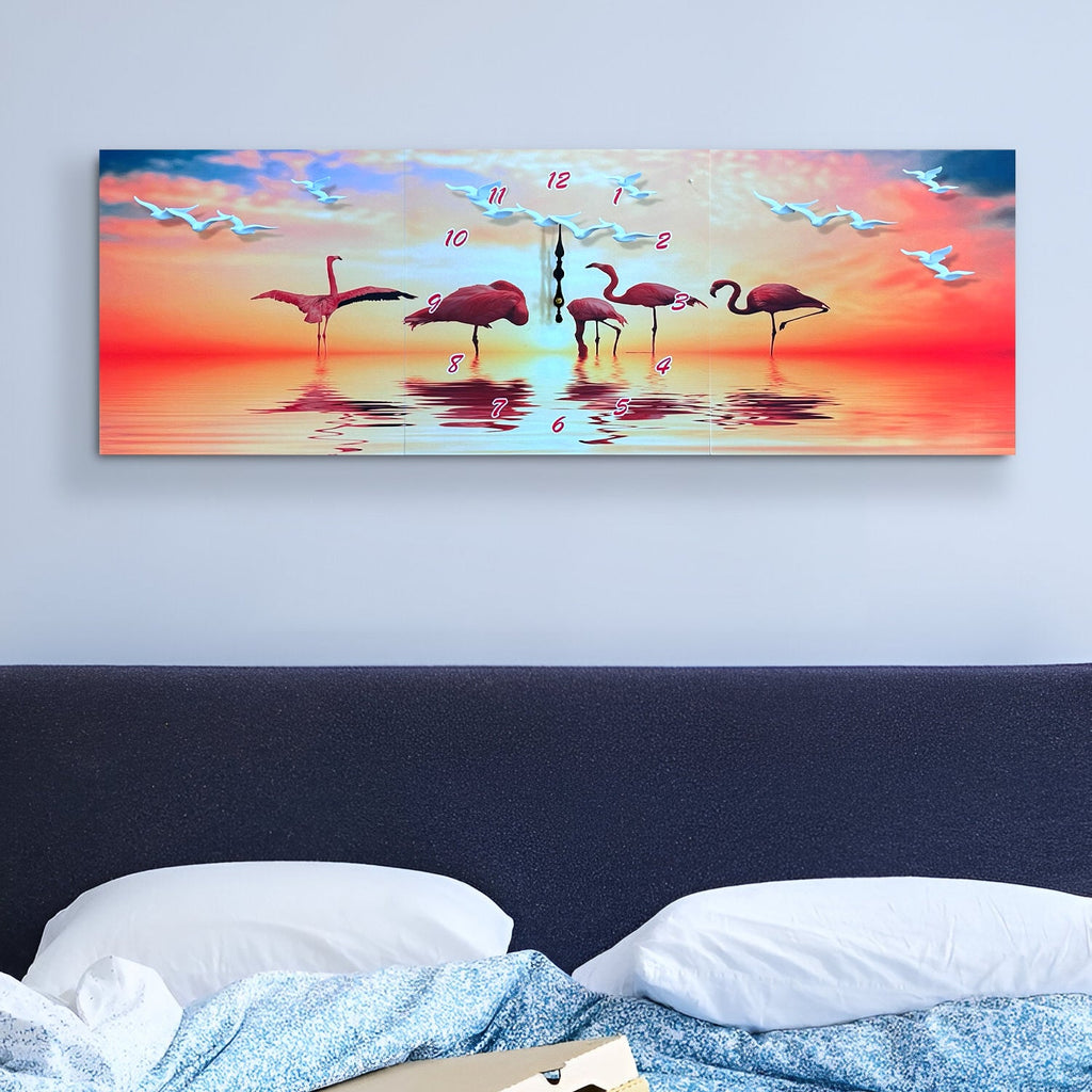 Charming 3-Panel Flamingo Wall Clock Art, Modern Animal Painting Decor Timepiece
