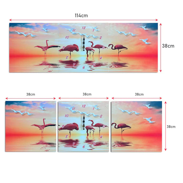 Charming 3-Panel Flamingo Wall Clock Art, Modern Animal Painting Decor Timepiece