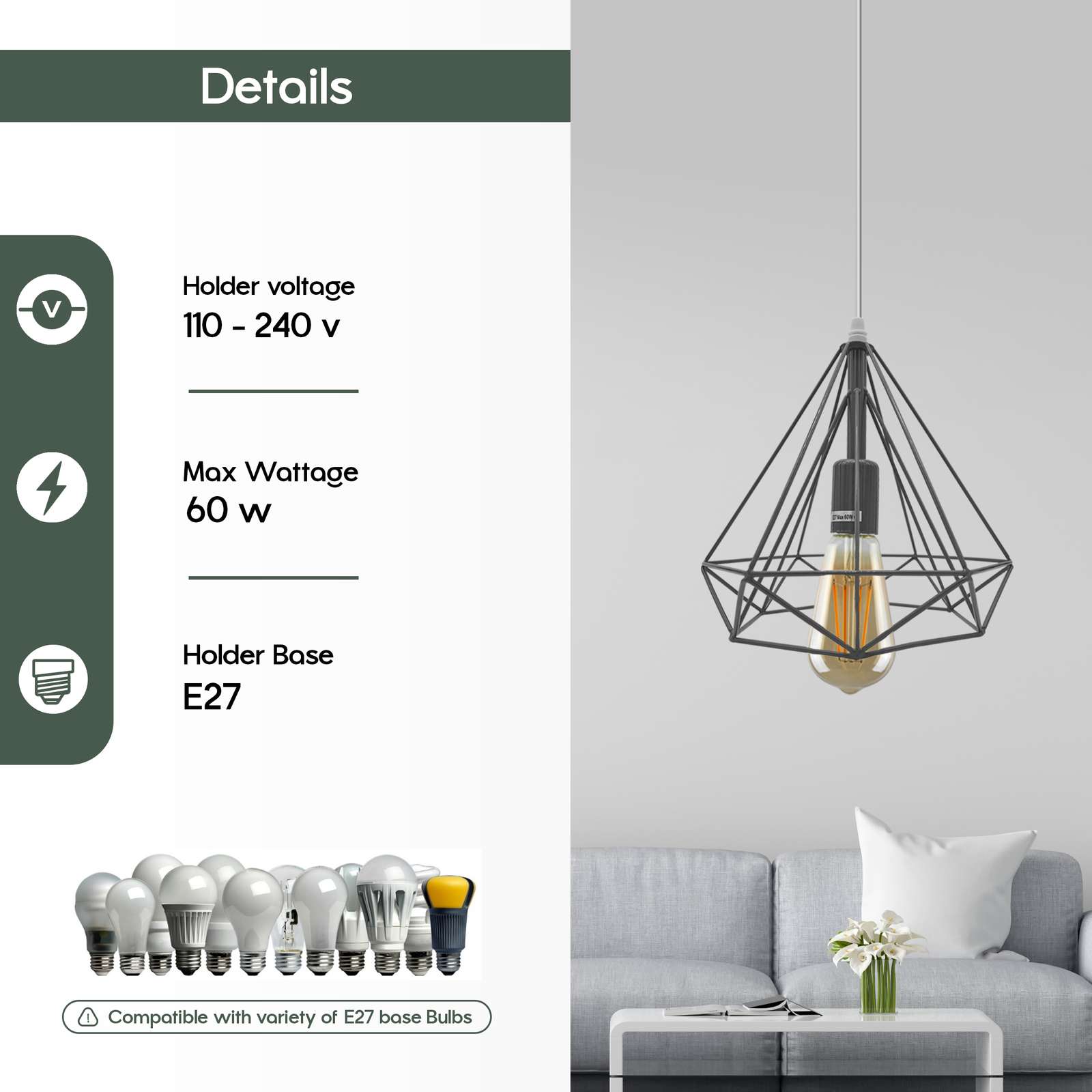 Modern Industrial Diamond Cage Pendant Light Fixture for E27 Bulbs