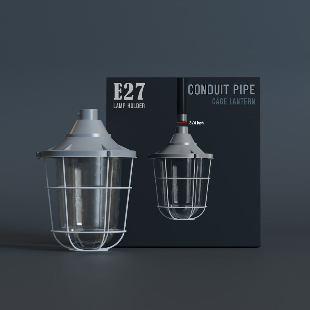 Durable Industrial Caged Conduit Fisherman Wall Lantern with Tempered Glass Shade