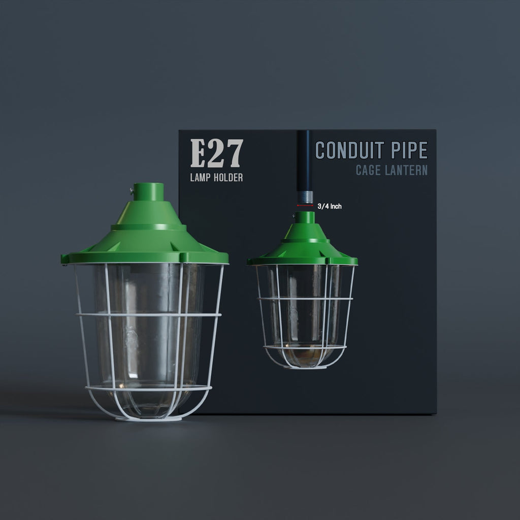 Durable Industrial Caged Conduit Fisherman Wall Lantern with Tempered Glass Shade