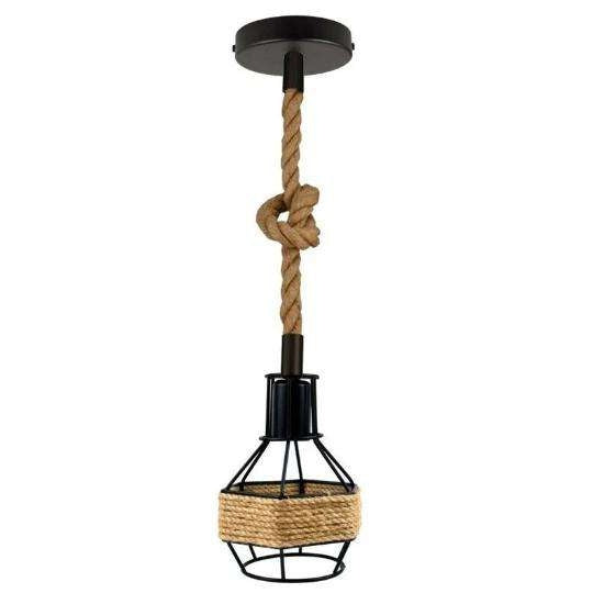 Vintage Industrial Hemp Rope Pendant Light Fixture with Metal Cage Shade
