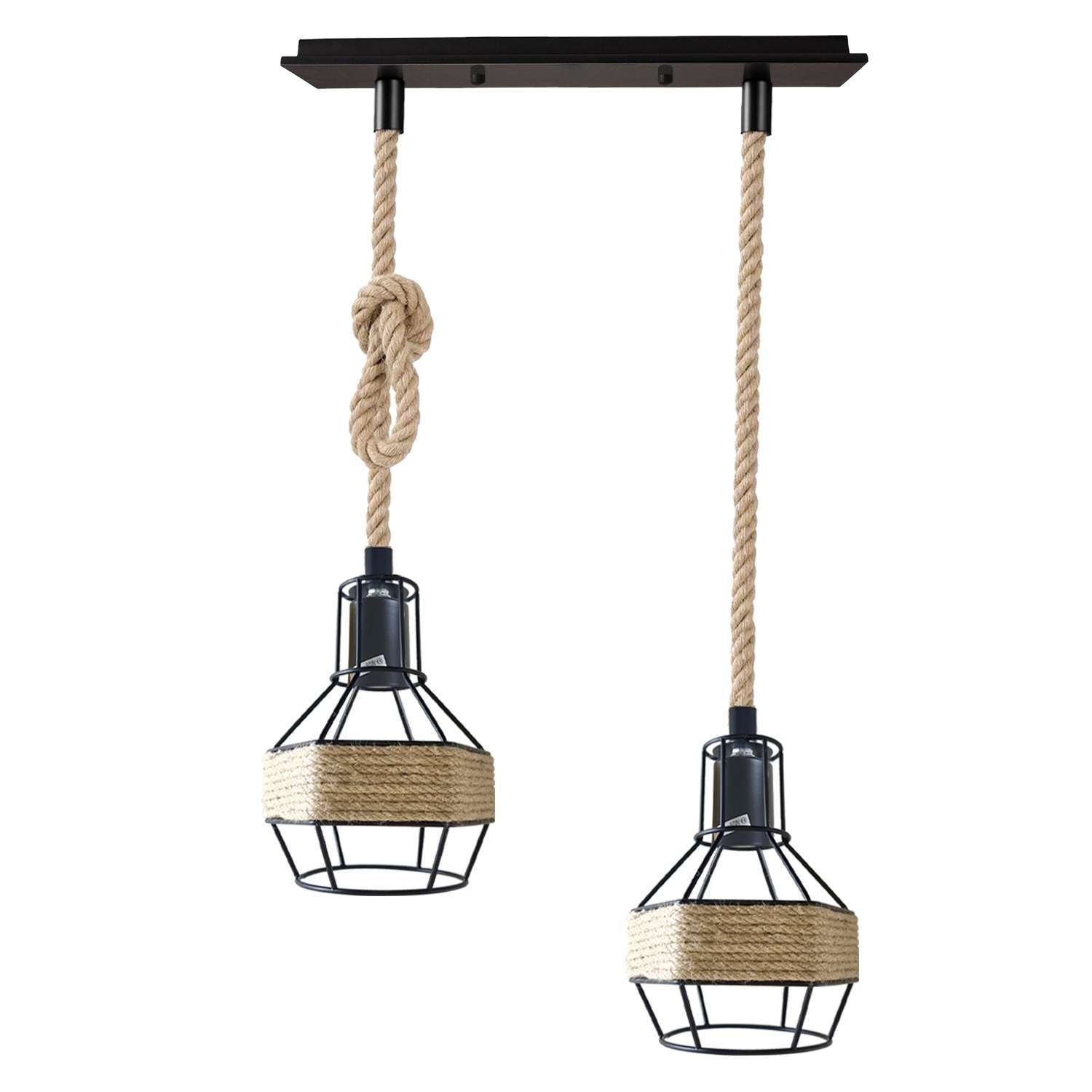 Vintage Industrial Hemp Rope Pendant Light Fixture with Metal Cage Shade