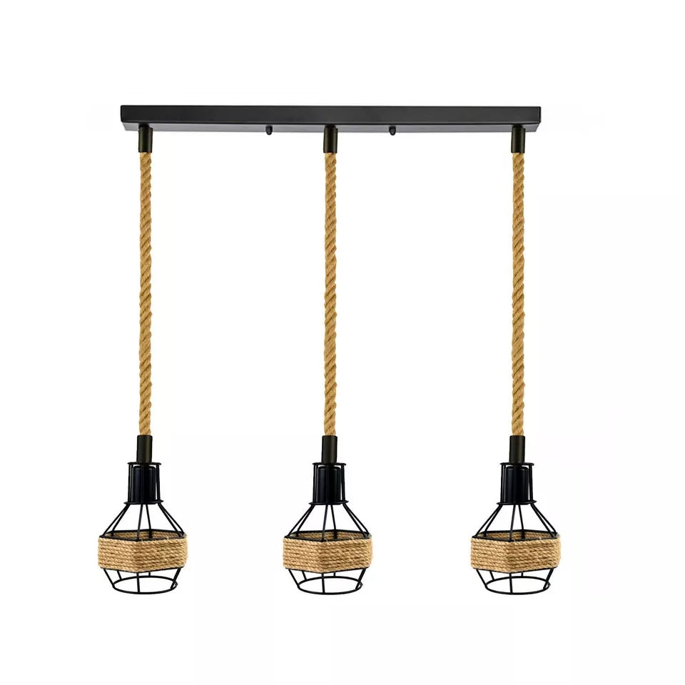 Vintage Industrial Hemp Rope Pendant Light Fixture with Metal Cage Shade