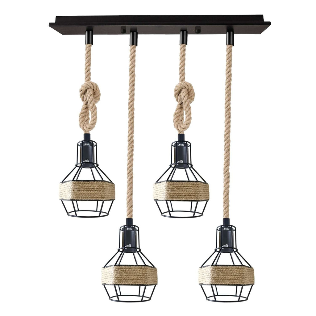 Vintage Industrial Hemp Rope Pendant Light Fixture with Metal Cage Shade