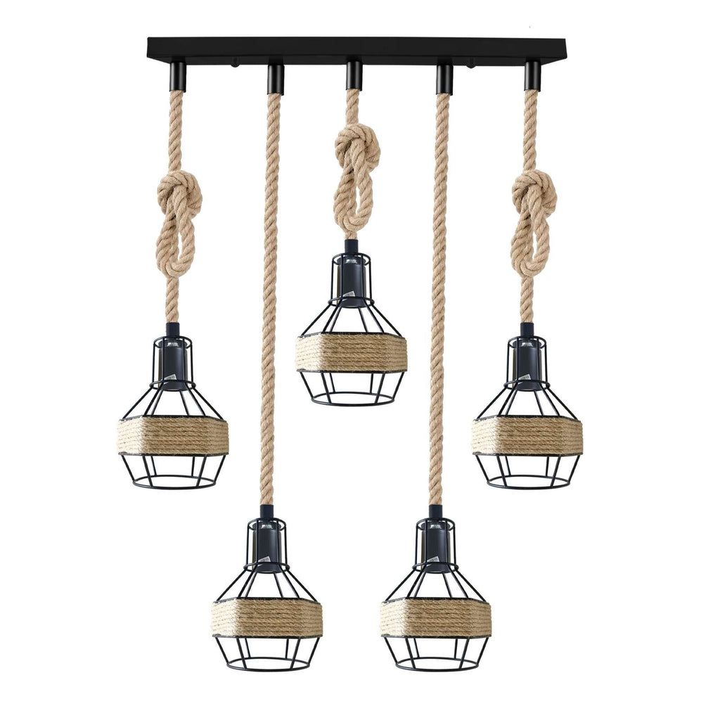 Vintage Industrial Hemp Rope Pendant Light Fixture with Metal Cage Shade