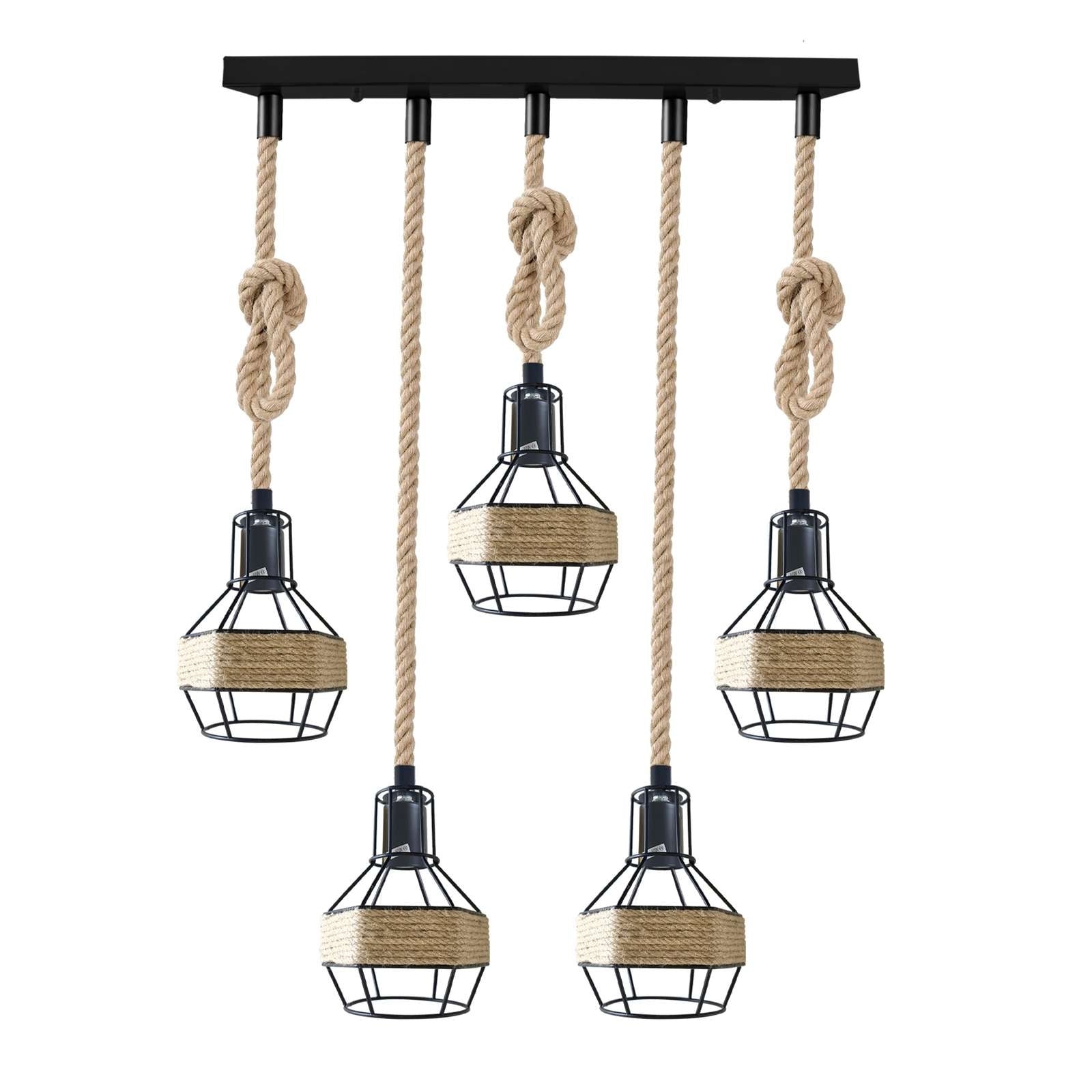 Vintage Industrial Hemp Rope Pendant Light Fixture with Metal Cage Shade