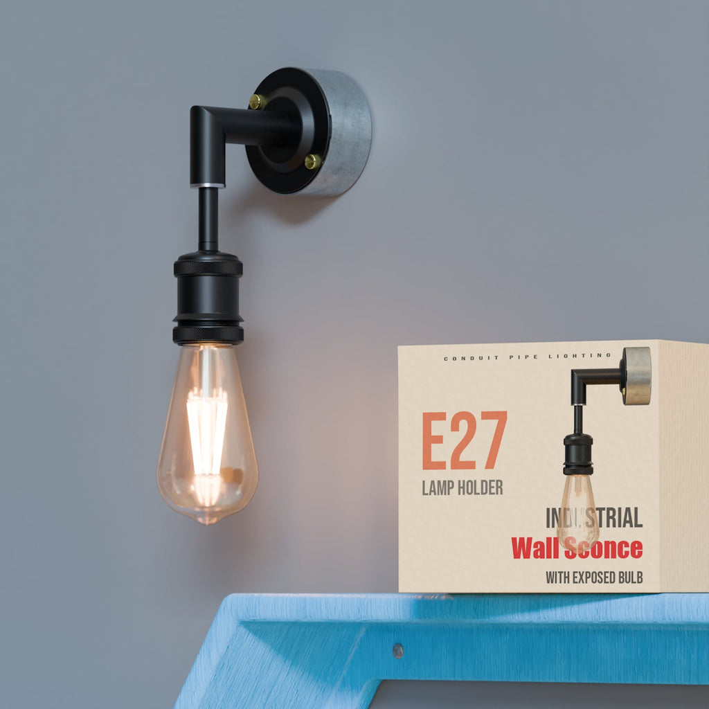 Industrial Black Metal Conduit Pipe Wall Light, Edison E27 Lamp Holder