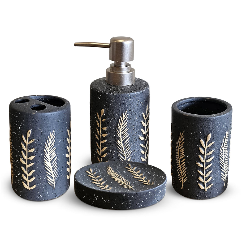 Elegant 4-Piece Black Pattern Ceramic Bathroom Accessory Set for Modern Decor