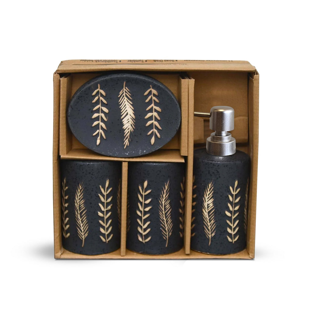 Elegant 4-Piece Black Pattern Ceramic Bathroom Accessory Set for Modern Decor