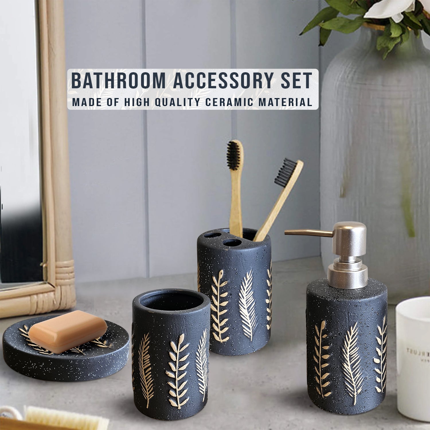 Elegant 4-Piece Black Pattern Ceramic Bathroom Accessory Set for Modern Decor