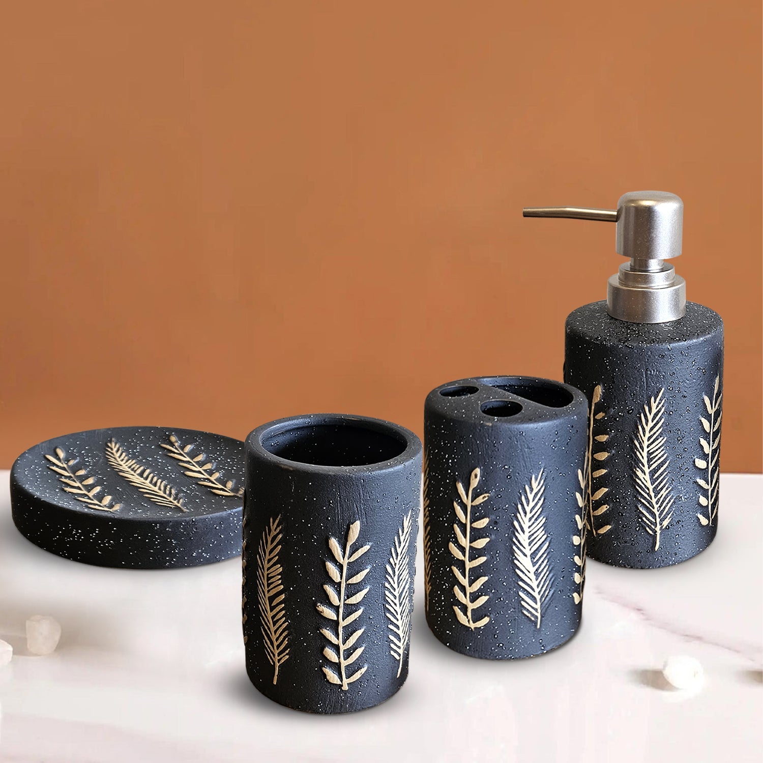 Elegant 4-Piece Black Pattern Ceramic Bathroom Accessory Set for Modern Decor