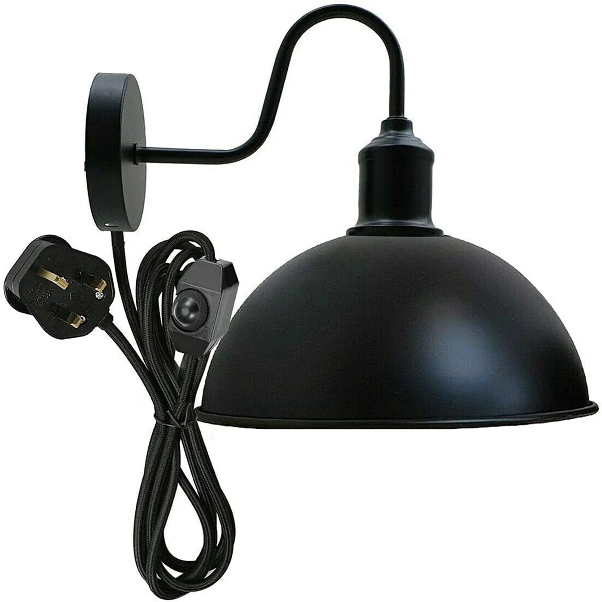 Black Dome-Shaped Metal Industrial Wall Sconce Light Fixture E27 Socket