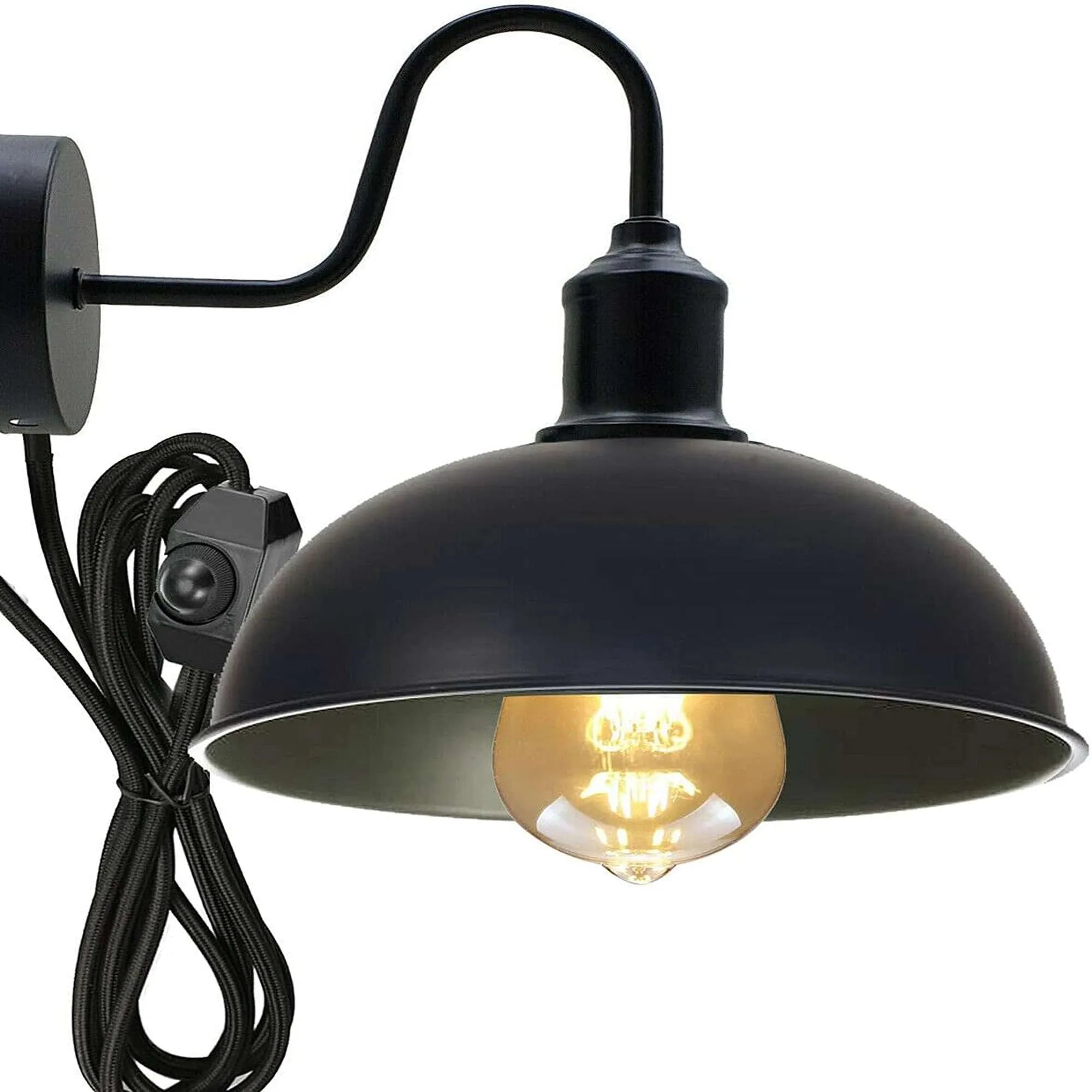 Black Dome-Shaped Metal Industrial Wall Sconce Light Fixture E27 Socket
