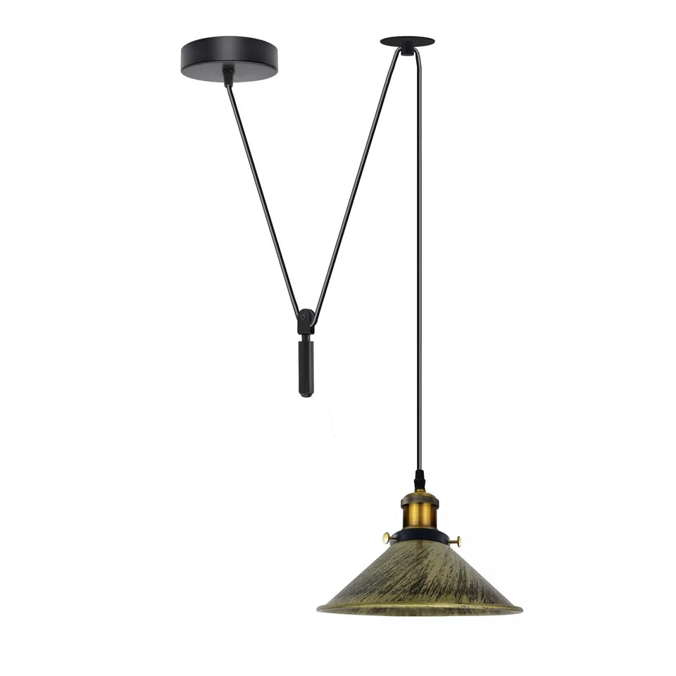 Vintage Industrial Metal Cone Shade Pendant Light with Adjustable Pulley System Cord