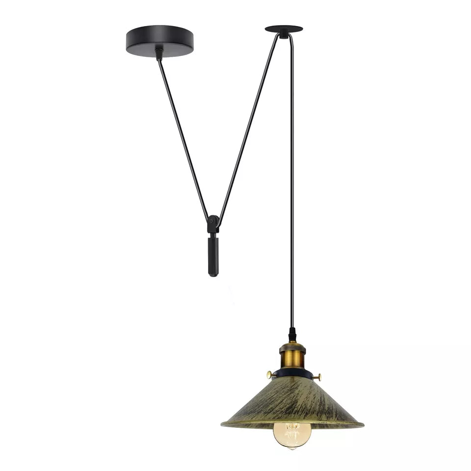 Vintage Industrial Metal Cone Shade Pendant Light with Adjustable Pulley System Cord