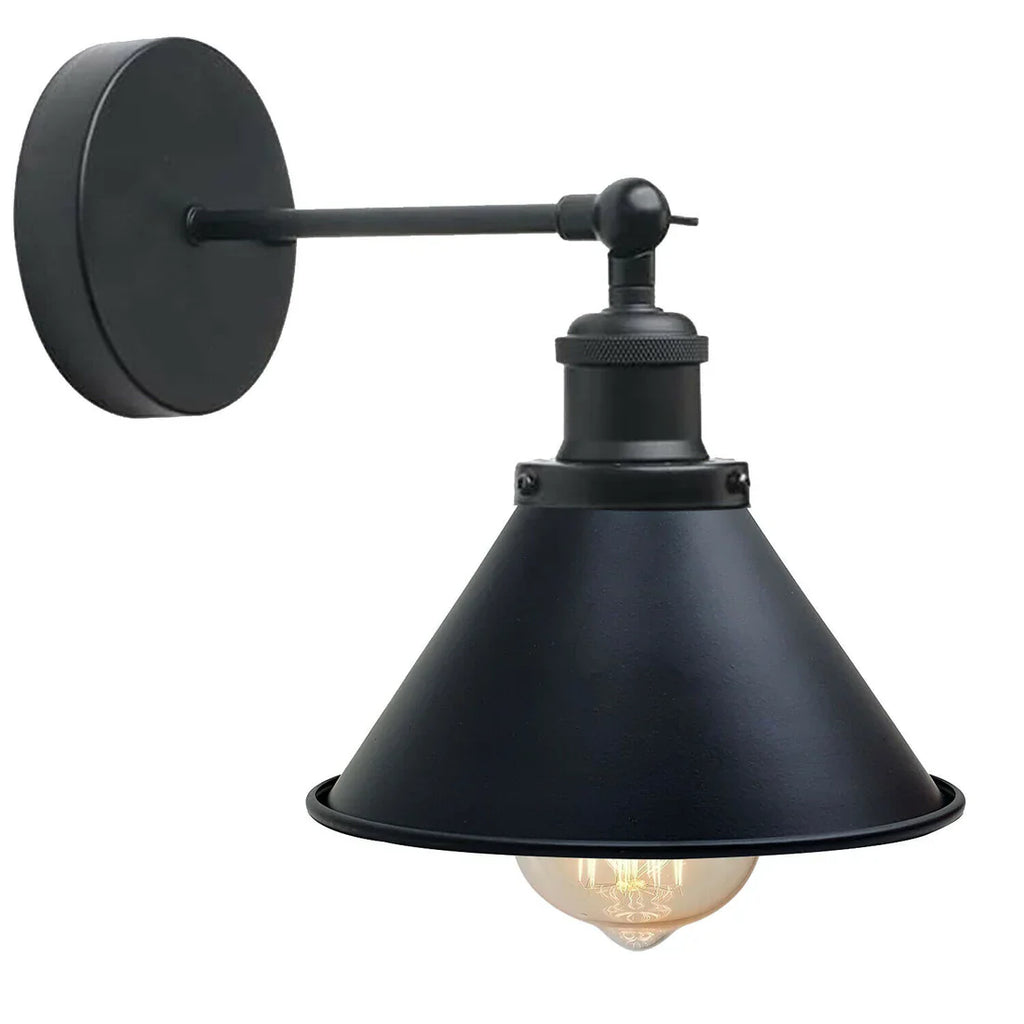 Industrial Black Cone Wall Lamp E27 Holder Adjustable Swing Arm Design