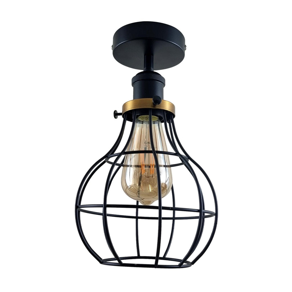 Vintage Industrial Black Metal Cage Flush Mount Ceiling Light
