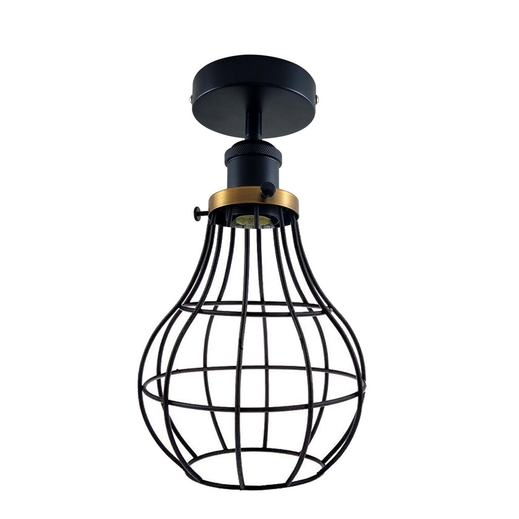 Vintage Industrial Black Metal Cage Flush Mount Ceiling Light