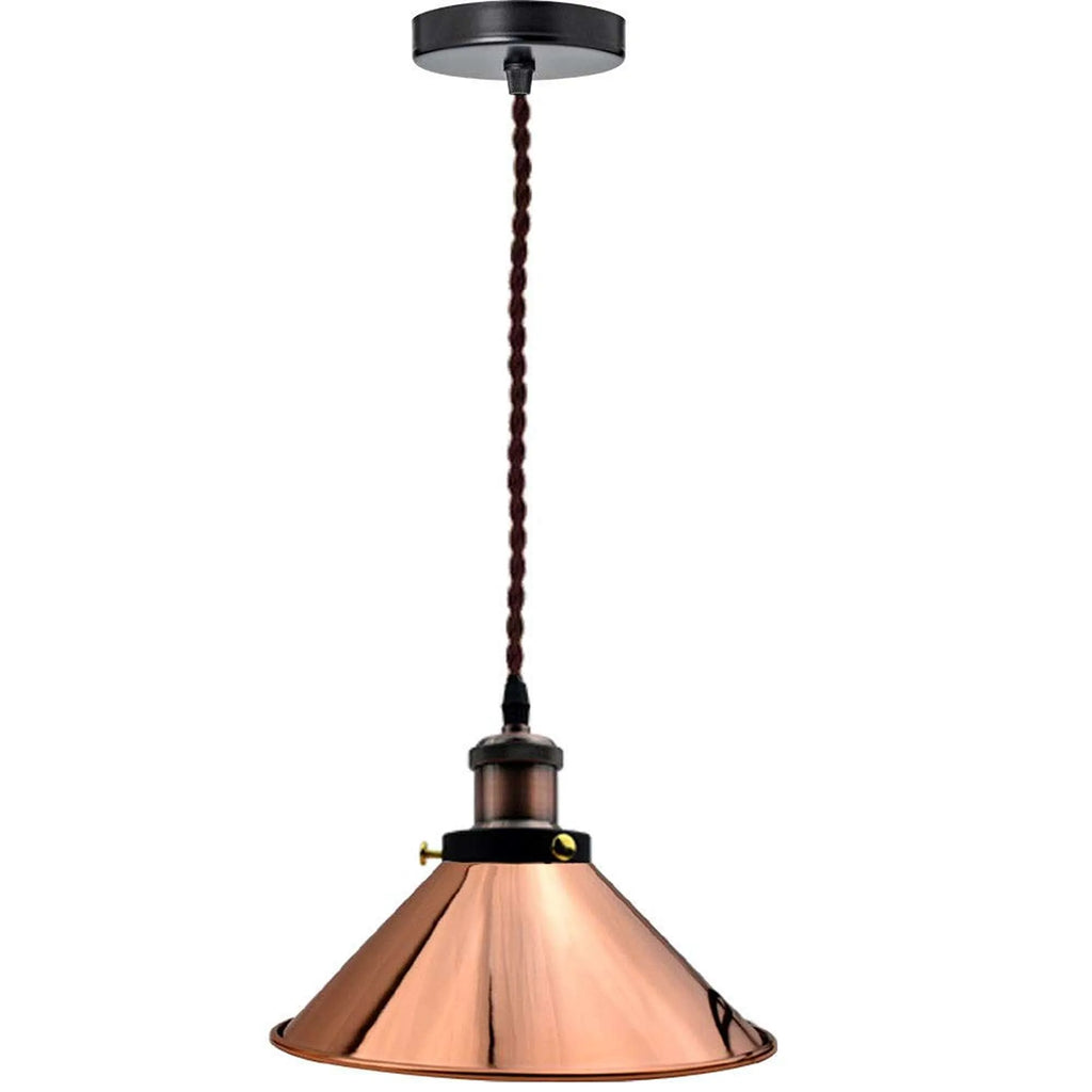 Vintage Industrial Metal Cone Pendant Light with Twisted Cable, E27 Socket