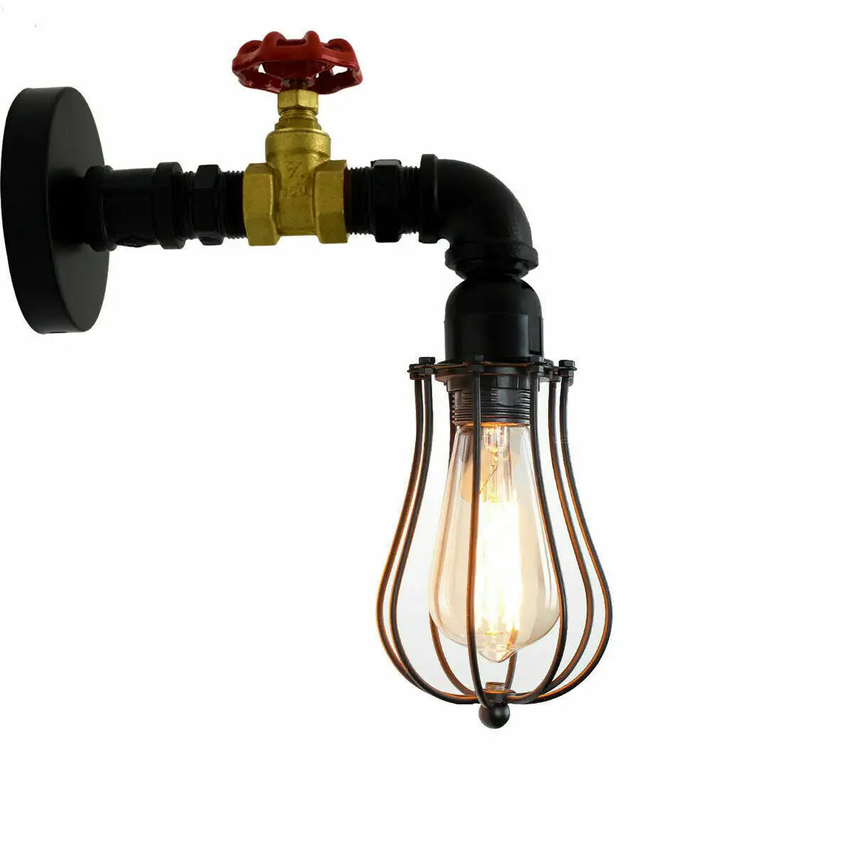 Industrial Water Pipe Wall Sconce with Red Tap, Rustic Loft Style Lighting Fixture