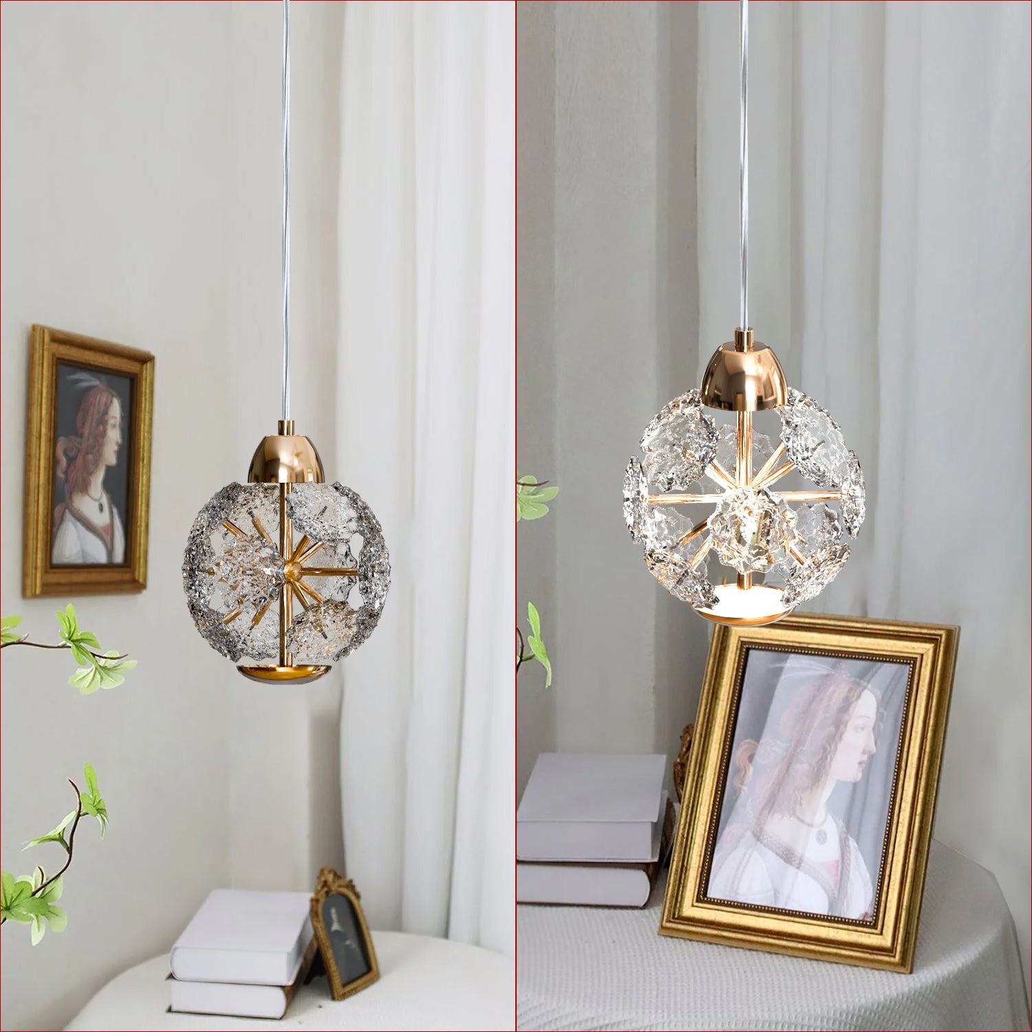 Modern Round Amber Crystal Glass Pendant Light Fixture, Adjustable Cable, E27 Base