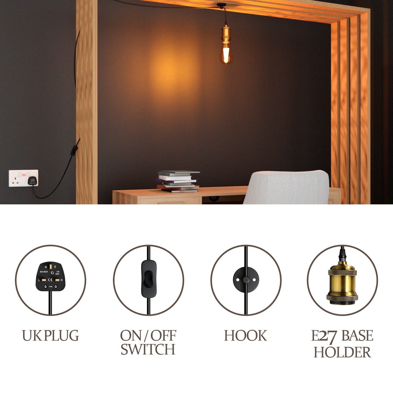 Vintage Plug-in Pendant Light with Adjustable Cable, Hook & Dimmer Switch