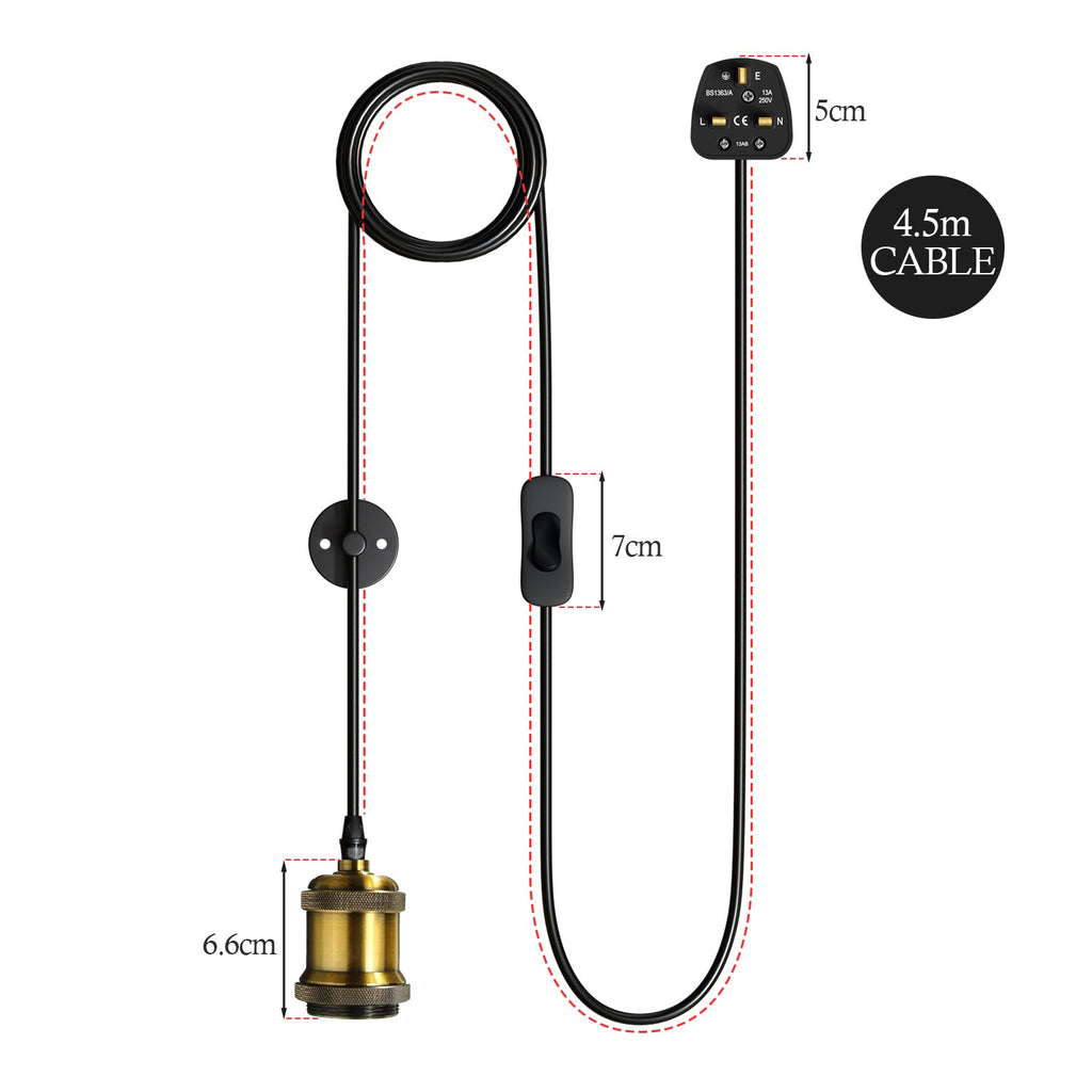 Vintage Plug-in Pendant Light with Adjustable Cable, Hook & Dimmer Switch