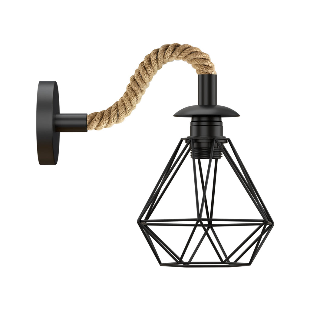 Industrial Vintage Hemp Rope Wall Light with Diamond Cage, E27 Fixture