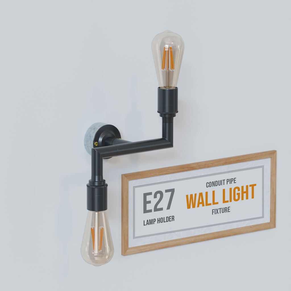 Industrial Conduit Pipe 2-Way Wall Lamp Kit with E27 Sockets, Black Finish