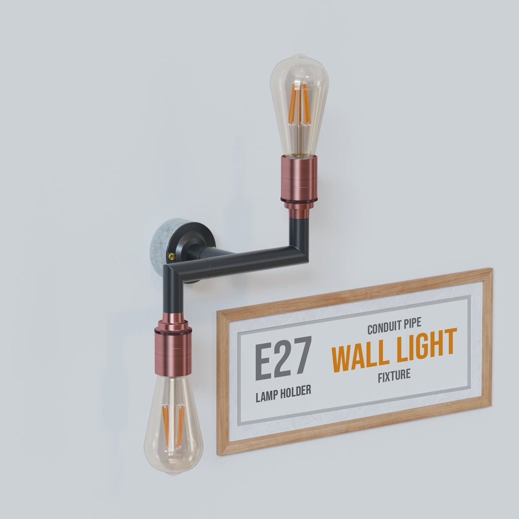 Industrial Conduit Pipe 2-Way Wall Lamp Kit with E27 Sockets, Black Finish