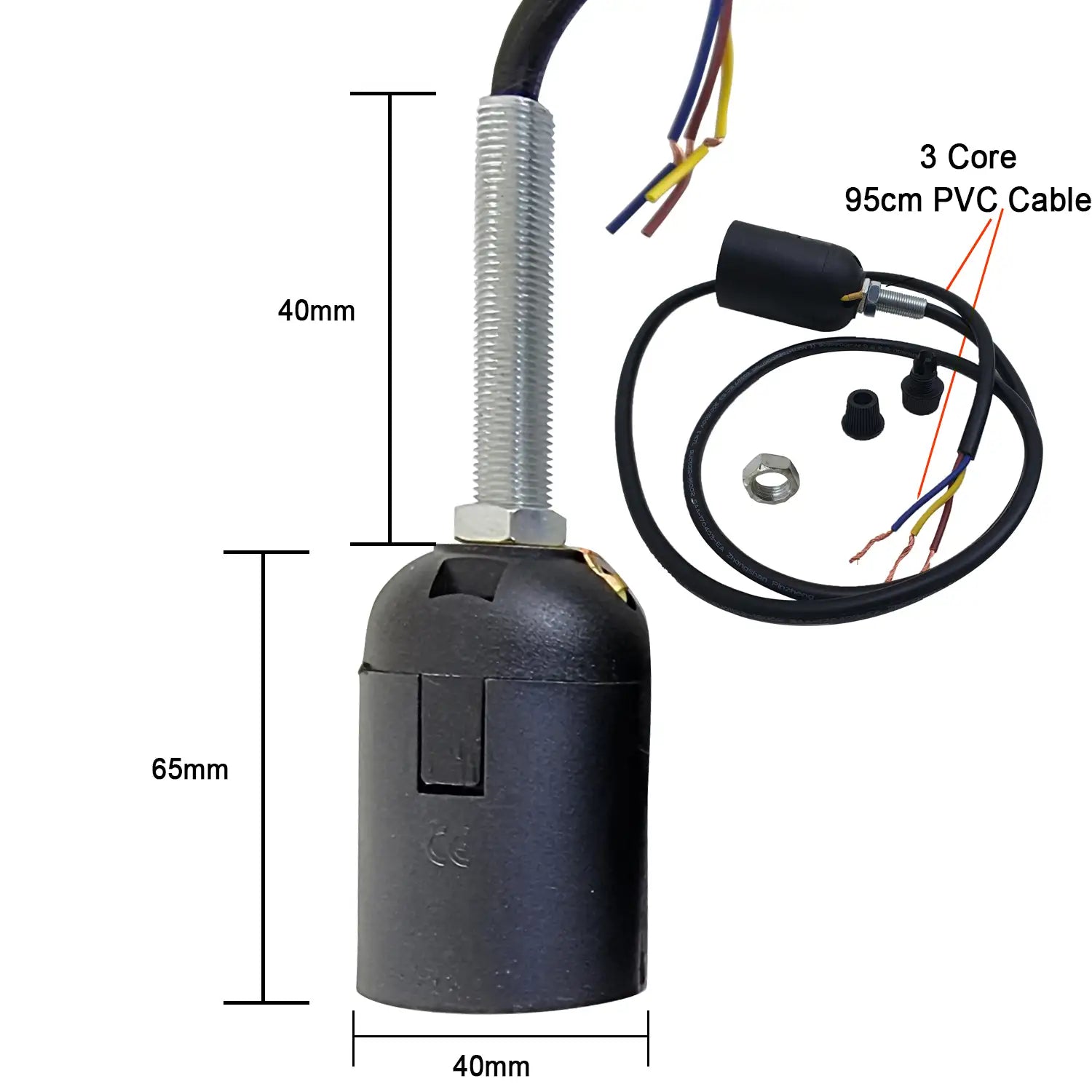 Durable Black Ceiling Rose Kit, 1m Rubber Cable, Easy Installation