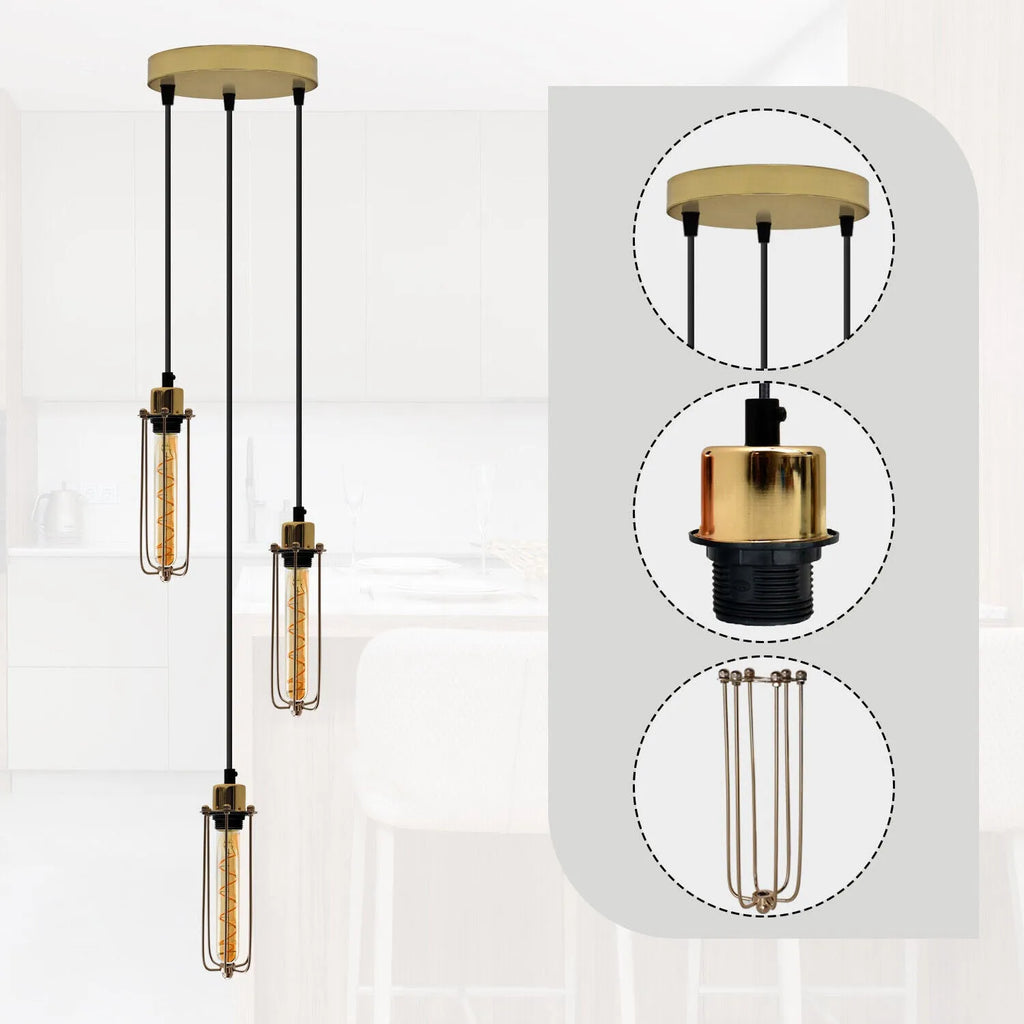 Vintage 3 Way Pendant Hanging Cage Lamp Industrial Cluster Ceiling Light ~5775
