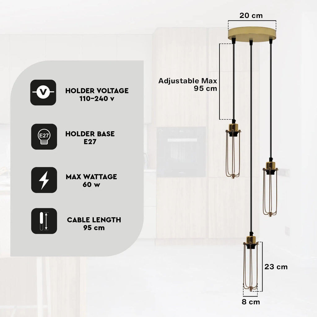 Vintage 3 Way Pendant Hanging Cage Lamp Industrial Cluster Ceiling Light ~5775
