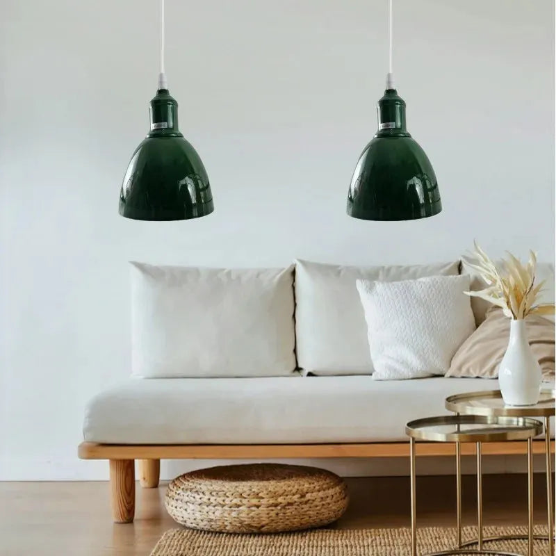 Modern Industrial Dome Pendant Light Fixture, Adjustable Cord, E27 Base, Green Metal Shade
