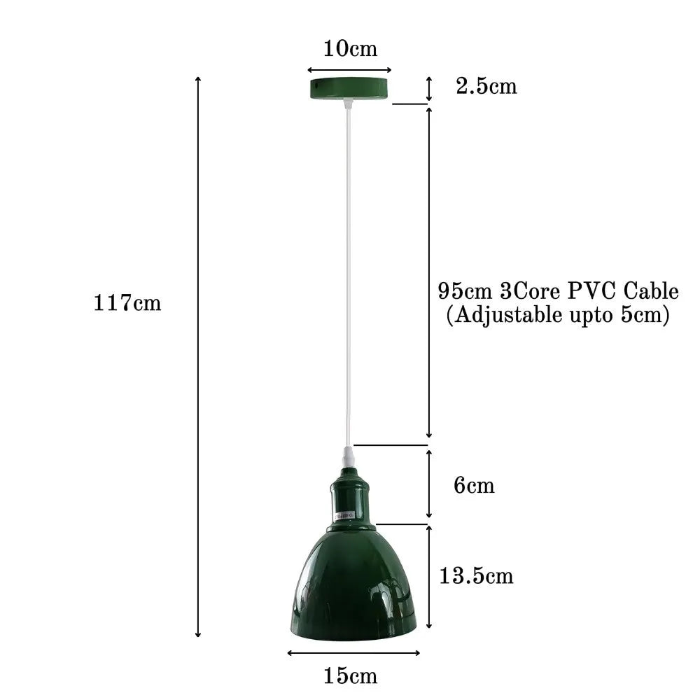 Modern Industrial Dome Pendant Light Fixture, Adjustable Cord, E27 Base, Green Metal Shade