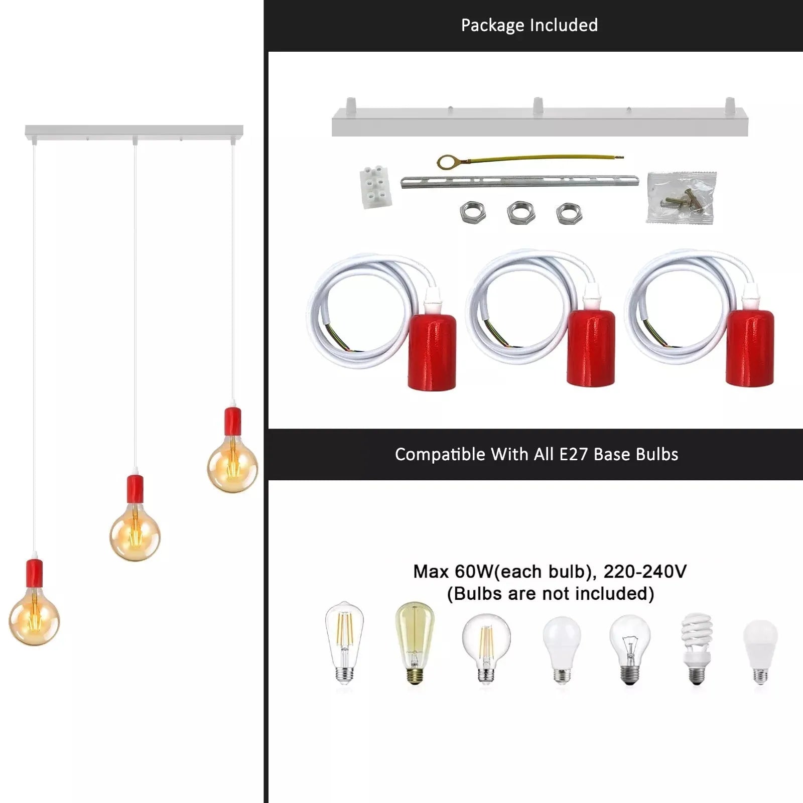 Industrial 3-Light E27 Pendant Fixture, Adjustable Height Hanging Lamp for Kitchen