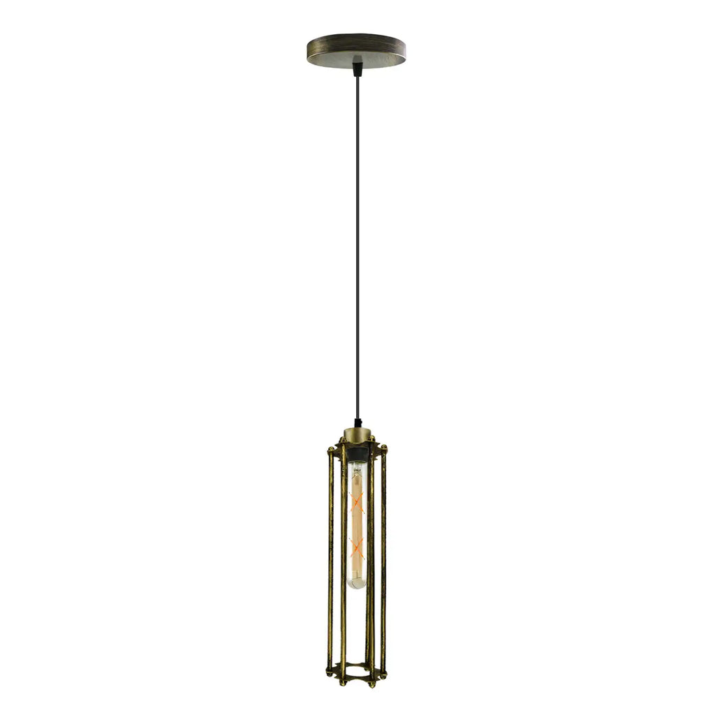 Adjustable Industrial Cage Pendant Light, Brushed Brass Finish, E27 Vintage Style