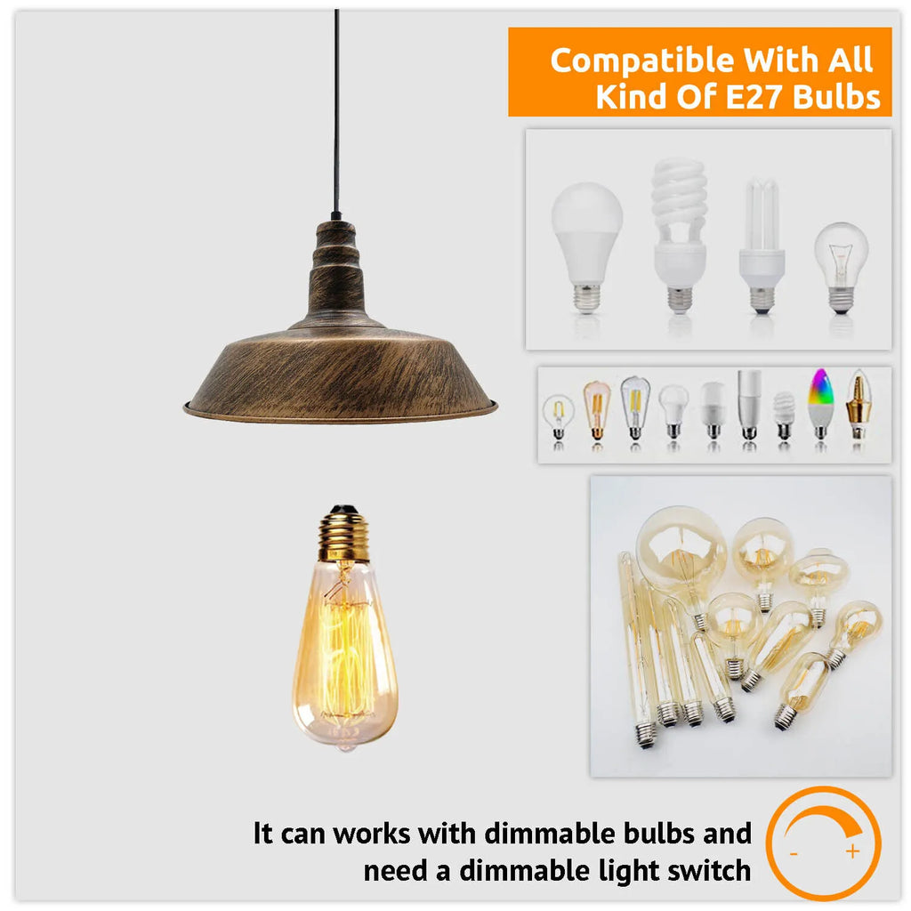 Vintage Style Metal Brushed Copper Dimmable Ceiling Pendant Light Fixture for E27 Bulbs