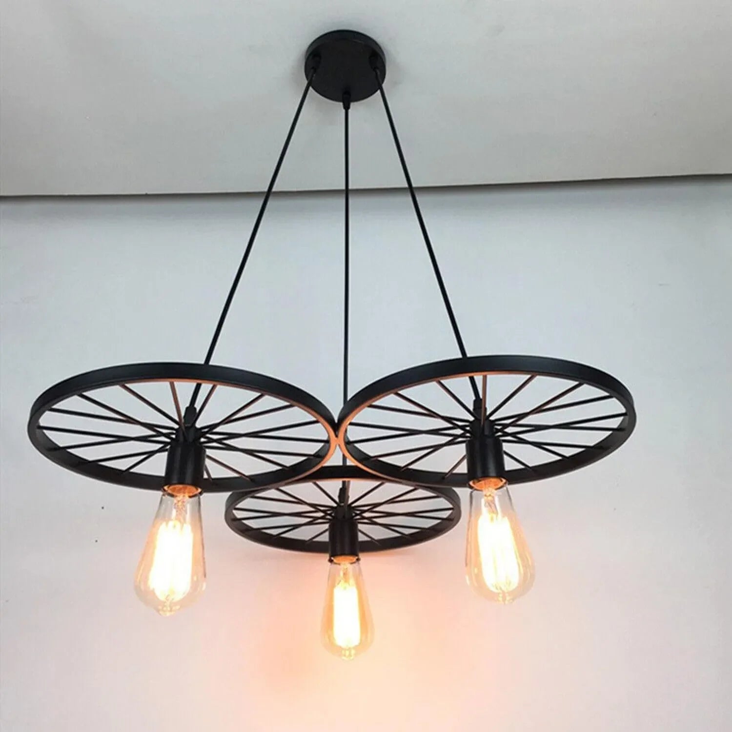 Vintage Industrial Wagon Wheel 3-Light Chandelier Pendant Fixture Matte Black