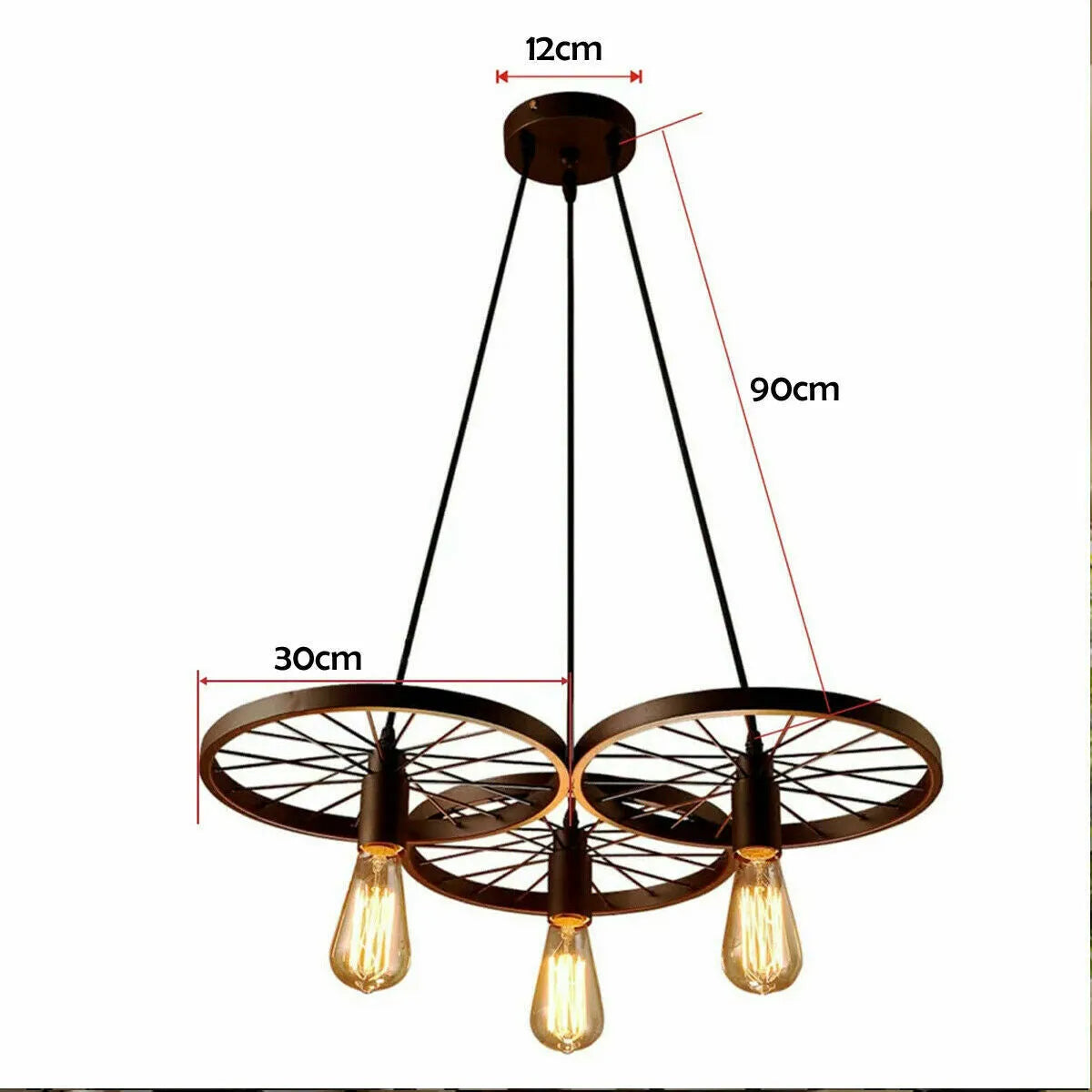 Vintage Industrial Wagon Wheel 3-Light Chandelier Pendant Fixture Matte Black