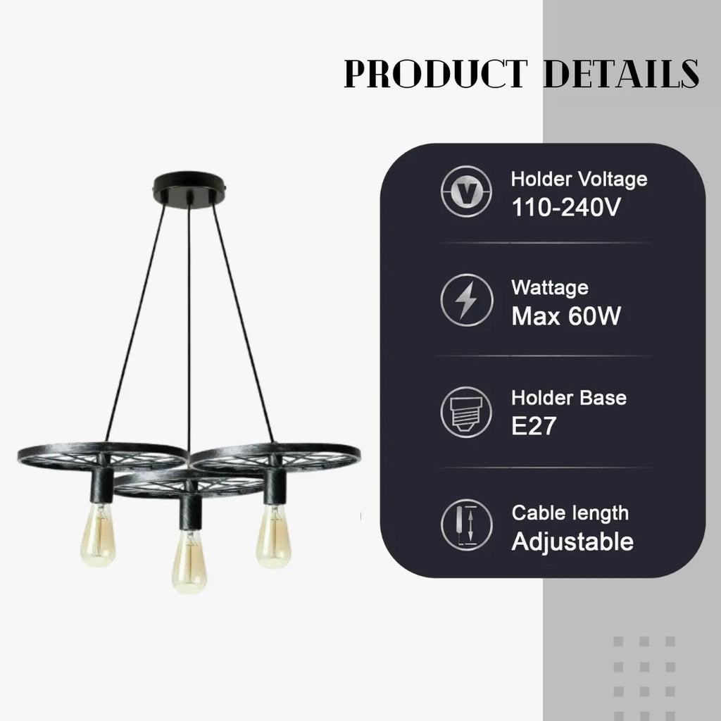 Vintage Industrial Wagon Wheel 3-Light Chandelier Pendant Fixture Matte Black