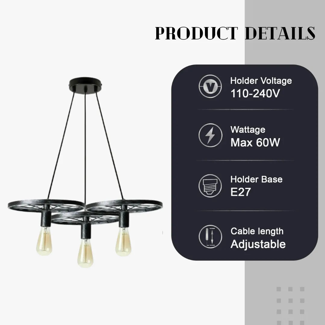 Vintage Industrial Wagon Wheel 3-Light Chandelier Pendant Fixture Matte Black