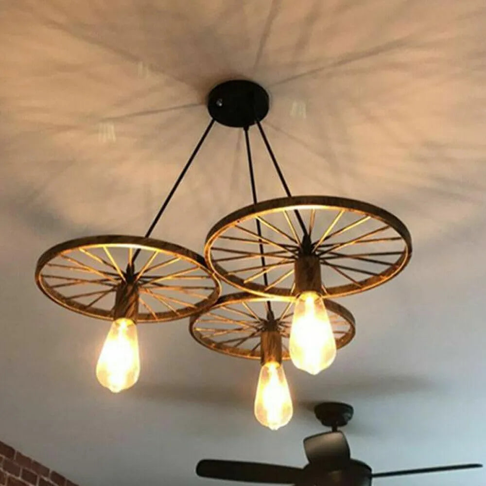Vintage Industrial Wagon Wheel 3-Light Chandelier Pendant Fixture Matte Black