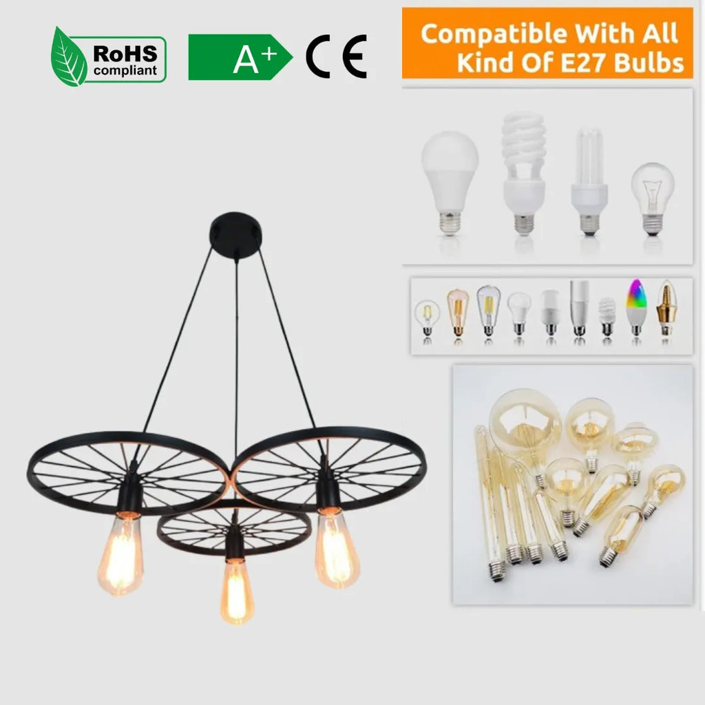 Vintage Industrial Wagon Wheel 3-Light Chandelier Pendant Fixture Matte Black