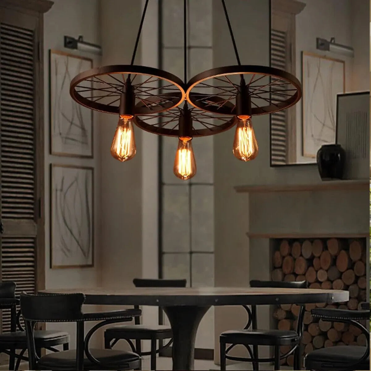 Vintage Industrial Wagon Wheel 3-Light Chandelier Pendant Fixture Matte Black