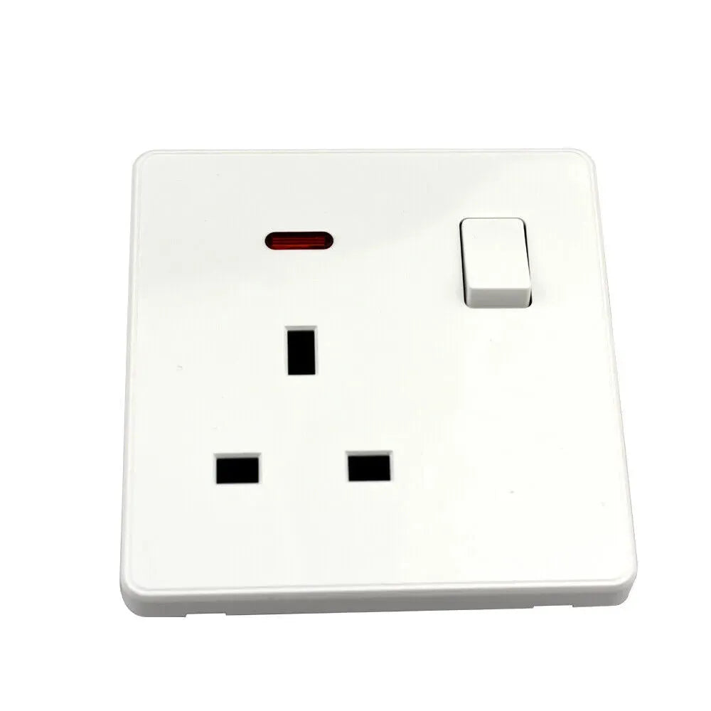 13A Single Switched Wall Plug Socket with LED Indicator - White Finish UK Standard