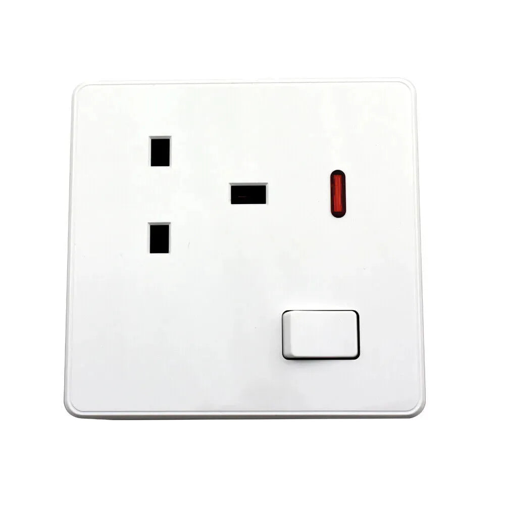 13A Single Switched Wall Plug Socket with LED Indicator - White Finish UK Standard