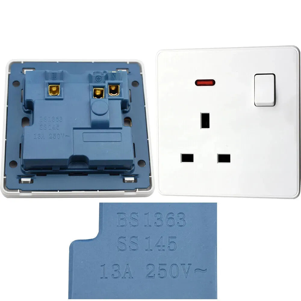 13A Single Switched Wall Plug Socket with LED Indicator - White Finish UK Standard